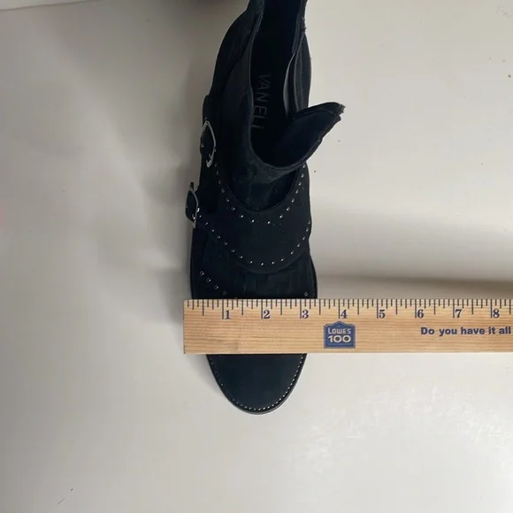 Vaneli M black suede leather kiltie ankle boot with silver toned studs, size 8N - Picture 9 of 11